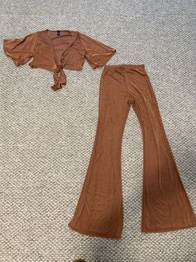 Windsor Brown Knit Flare Pants with Tie-Front Crop Top